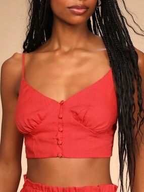 Lulu's Red Orange Button Front Cropped Cami w/ Smocked Back- XS